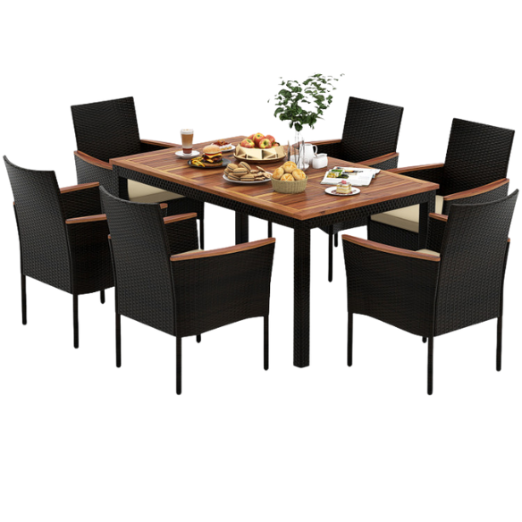 7-Piece Patio Dining Set | Wicker Outdoor Dining Set with Acacia Wood Table | Perfect for Garden and Yard Gatherings