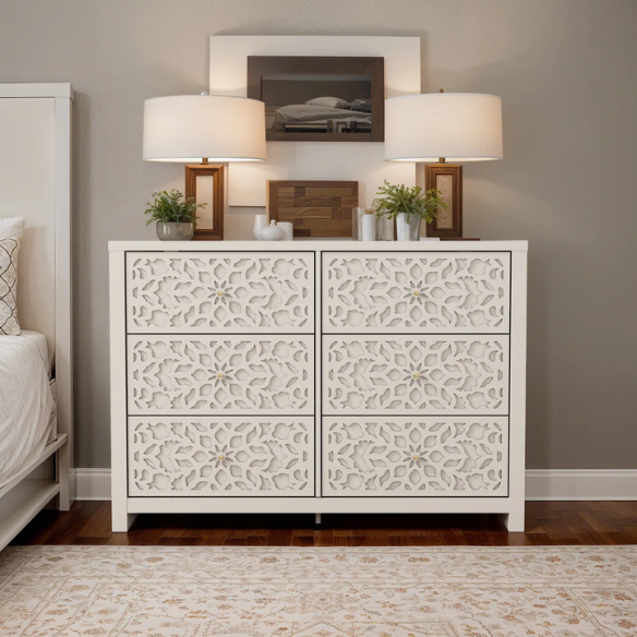 Boho-Inspired 45.4" 6-Drawer Dresser with Distressed Finish and Openwork Floral Details
