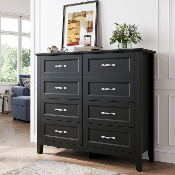 French Country-Inspired 8-Drawer 47.3" Double Dresser with Rustic Finish, Crown Molding, and Tapered Legs
