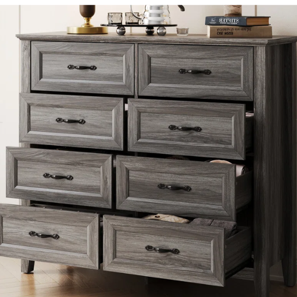 French Country-Inspired 8-Drawer 47.3" Double Dresser with Rustic Finish, Crown Molding, and Tapered Legs
