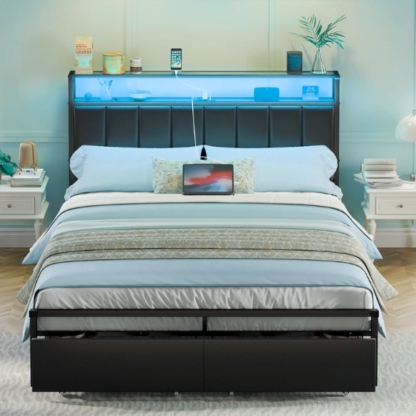 Modern LED King Size Bed Frame with Storage Drawers and Built-in Charging Station