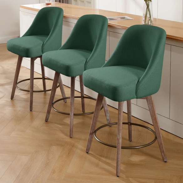 Modern Counter Height Swivel Bar Stool – Upholstered Faux Leather/Polyester Blend Seat, Solid Beech Wood Frame, Ergonomic High Back, Bronze Metal Footrest, 300lb Capacity for Kitchen, Bar, or Pub