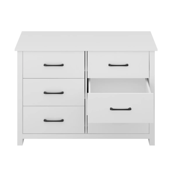 Modern 6-Drawer Double Dresser with Flared Feet and Sleek Black Metal Handles