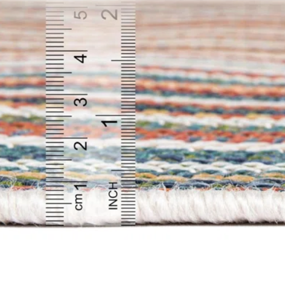 Coastal-Inspired Geometric Rug – Fade & Stain-Resistant, Green & Orange Pattern, Ideal for Indoor/Outdoor Use