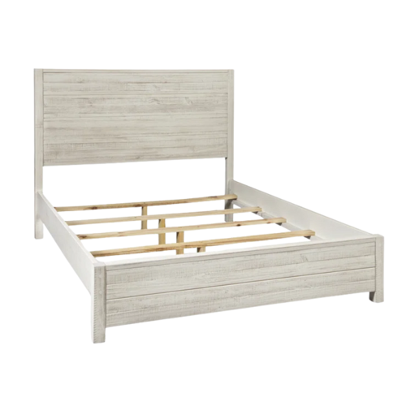 Rustic Solid Pine Wood King Size Panel Bed with Distressed Finish and Streamlined Headboard