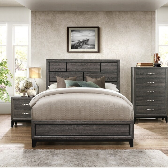 5-Piece Gray Modern Panel Bedroom Set with Wood Grain Accents & Nickel Metal Hardware