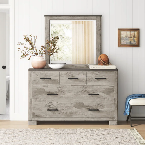 Coastal Farmhouse-Inspired King Size Bedroom Set: Distressed Whitewash Finish with Natural Brown Accents – Includes Platform Bed, 2-Drawer Nightstand, 7-Drawer Dresser with Mirror, and Optional 5-Drawer Chest for Complete Storage Solution
