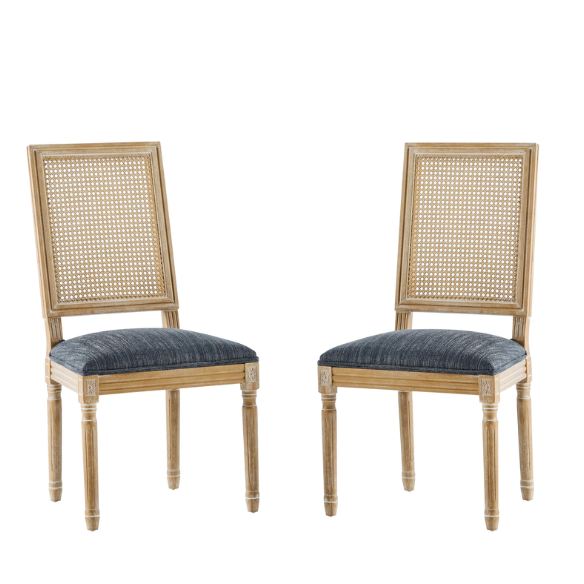 French Country Wood and Cane Upholstered Dining Chairs – Weathered Rubberwood Frame with Fluted Legs & Rectangular Cane Backrest