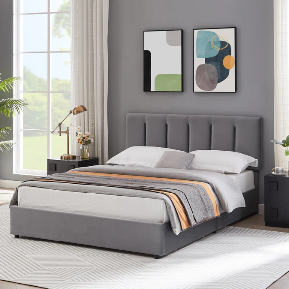 Velvet Upholstered Queen Size Platform Bed with Adjustable Headboard and 4 Storage Drawers