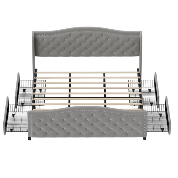 Luxurious King Size Velvet Upholstered Platform Bed with Tufted Camelback Headboard, Nailhead Trim, and 4 Built-In Storage Drawers – Stylish and Functional Bedroom Upgrade
