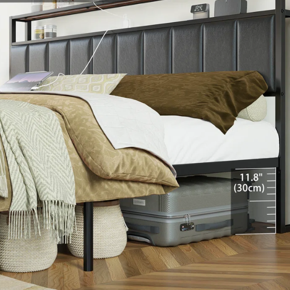 Modern LED King Size Bed Frame with Storage Drawers and Built-in Charging Station