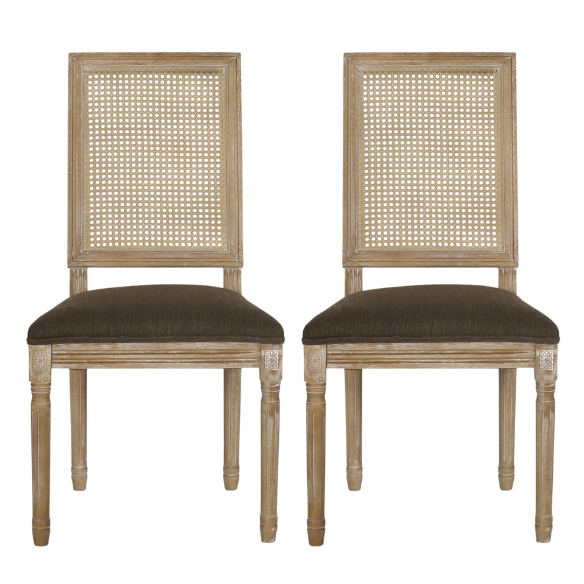 French Country Wood and Cane Upholstered Dining Chairs – Weathered Rubberwood Frame with Fluted Legs & Rectangular Cane Backrest
