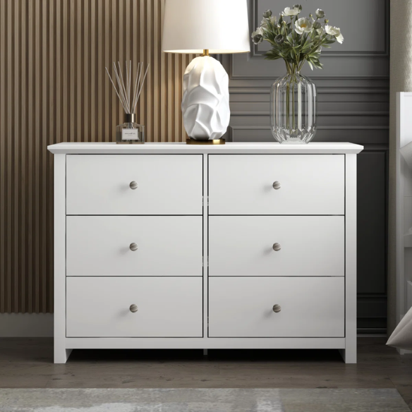 Modern 6-Drawer Double Dresser with Angled Sled Legs and Round Metal Hardware