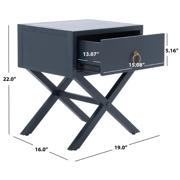 1-Drawer Nightstand – Classic Campaign Style with Contemporary Chic, Acacia Wood Frame, Cross-Base Design, Bold Finish, Gold Drawer Pull, Perfect for Modern Bedrooms