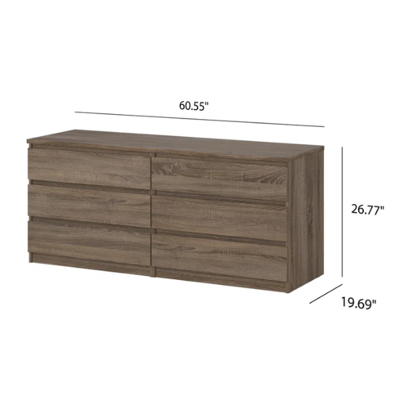 Versatile 60.5" 6-Drawer Double Dresser with Smooth Metal Glides and Clean-Lined Silhouette