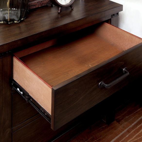 Rustic Dark Walnut 2-Piece King Size Panel Bed and Nightstand Set with X-Shape Accents and Metal Corners