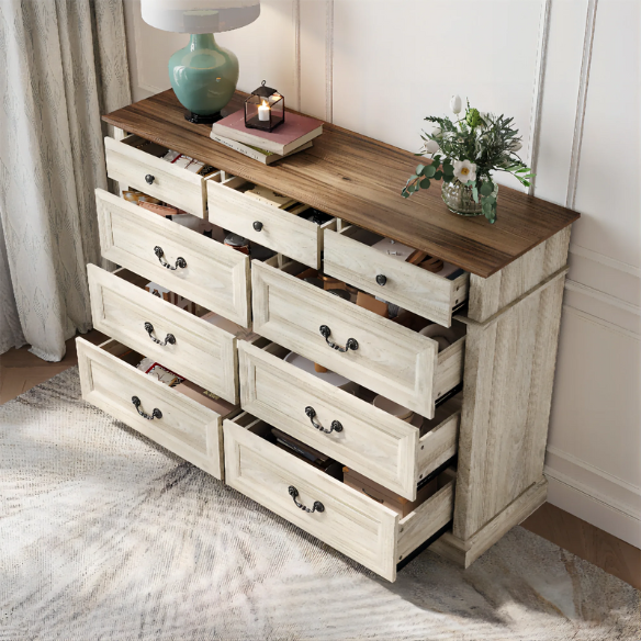 Rustic Modern 9-Drawer 53.5'' Double Dresser with Inset Paneling, Crown Molding, and Customizable Metal Handles