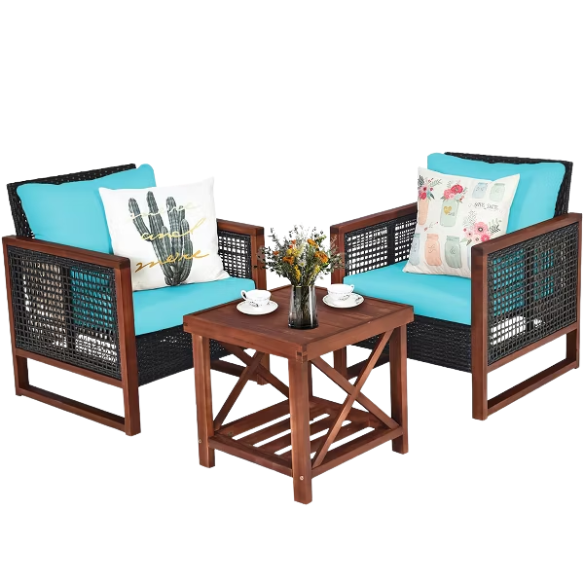 3-Piece Patio Wicker Furniture Set | Rattan Outdoor Sofa with Washable Cushions and Acacia Wood Coffee Table | Perfect for Garden and Backyard