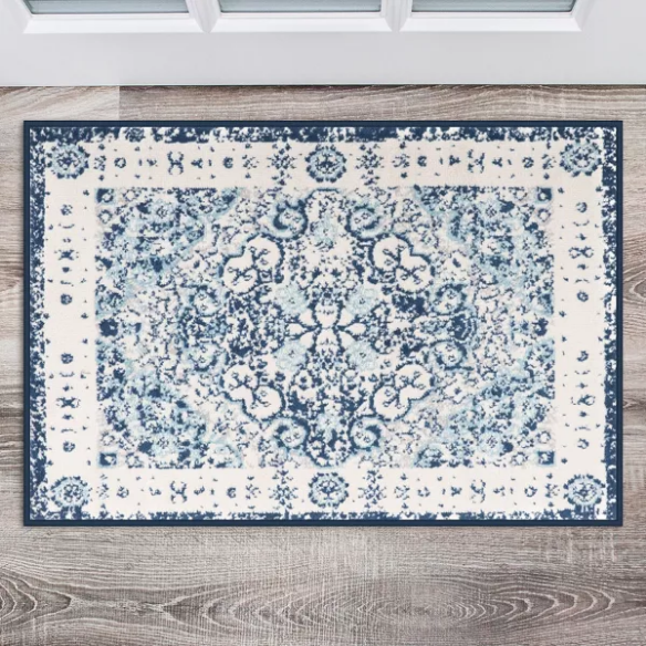 Distressed Oriental-Inspired Indoor Rug – Blue and White Medallion Pattern, Stain-Resistant, Fade-Resistant, Perfect for Traditional & French Country Décor