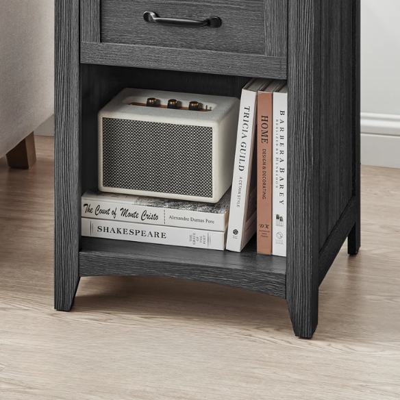 Farmhouse-Style Nightstand with Built-In Charging Station – Engineered Wood, Spacious Top, Drawer & Open Compartment, Matte Black Metal Handle, USB-A & USB-C Ports, AC Outlets, Ideal for Bedroom or Living Room
