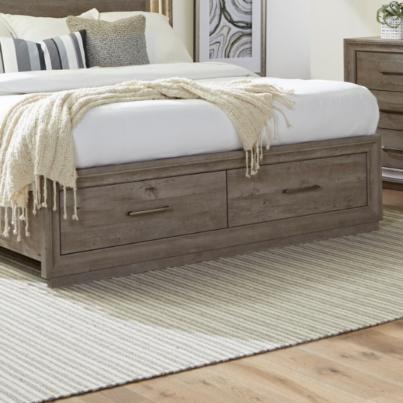 Modern Greystone 4-Piece King Storage Bed, Dresser, Mirror & Nightstand Set with LED Lighting, Built-In Charging Station, and Brushed Nickel Hardware – Floating Panel Headboard and Plinth Base