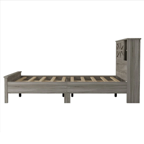 3-Piece Farmhouse Queen Bedroom Set – Platform Bed with Sliding Door Storage Headboard and Charging, Nightstand, and Dresser – Modern Design with Ample Storage