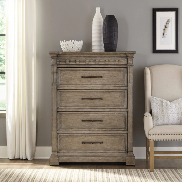 Timeless Elegance Barrigan 6-Piece King Panel Bed, Dresser, Mirror, Chest & Nightstand Set – Dusty Taupe Finish, Burnished Brass Accents, Full Extension Drawers, Cedar & Felt-Lined Drawers, Decorative Fretwork, and Built-in Charging Station