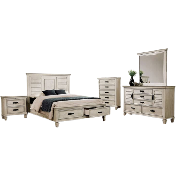 Rustic 2-Piece Wood Panel Bedroom Set with Louvered Headboard & Nightstand – Wire-Brushed Finish and Millwork Trim for a Warm, Homely Touch