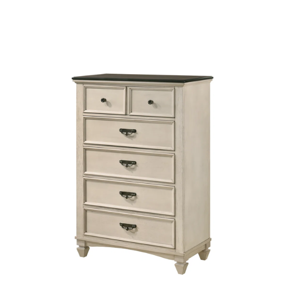 Elegant Cream & Brown 6-Piece Queen Panel Bedroom Set – Solid Wood Bed, Dresser, Mirror, 2 Nightstands, and Chest with Ample Storage