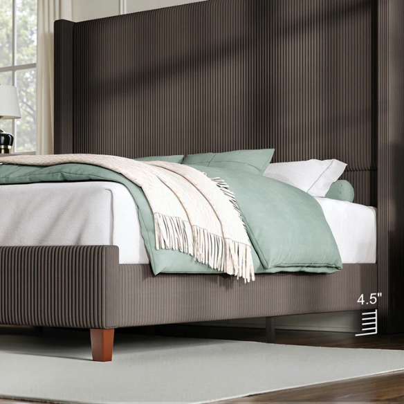 Queen Size Upholstered Wingback Platform Bed in Ribbed Corduroy Fabric