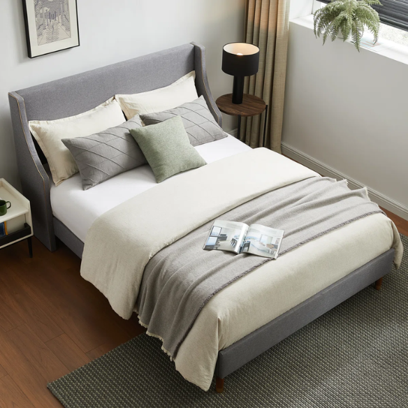 Elegant Linen Wingback Upholstered Platform Bed Frame – Luxurious Full Double Size Design with Gold Piping, Sturdy Support, and Effortless Assembly