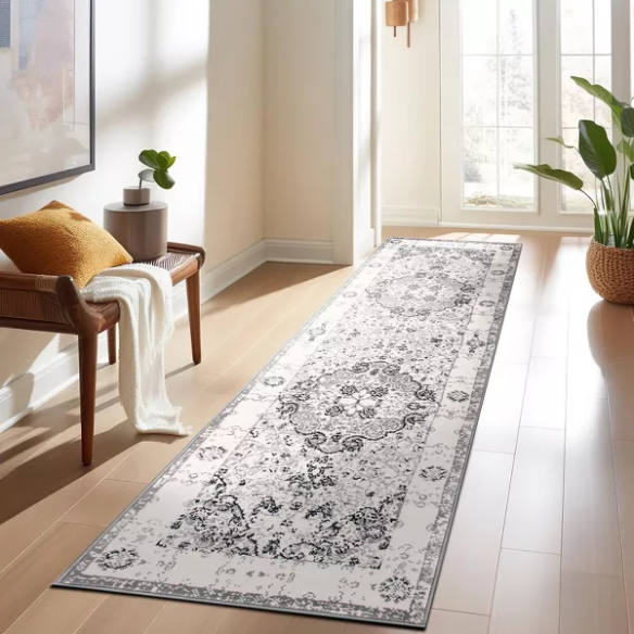 Distressed Oriental-Inspired Indoor Rug – Gray, Silver & Ivory Medallion Pattern, Stain-Resistant, Fade-Resistant, Perfect for Traditional & French Country Décor