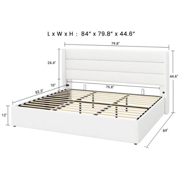 Modern King Size Upholstered Platform Bed with Hydraulic Lift Storage – Sleek Grooved Headboard, Space-Saving Design, and No Box Spring Needed