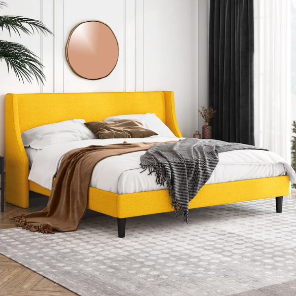 Luxurious King Size Upholstered Platform Bed with Deluxe Wingback Headboard – Soft Velvet and Linen Blend Upholstery, Sturdy Solid Wood Frame, and Modern Minimalist Design for Ultimate Comfort