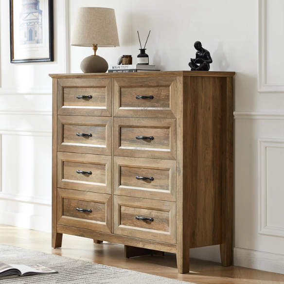 French Country-Inspired 8-Drawer 47.3" Double Dresser with Rustic Finish, Crown Molding, and Tapered Legs