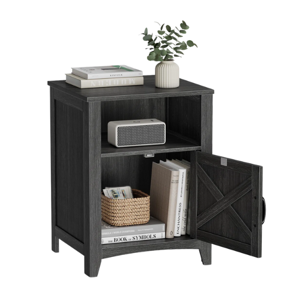 Farmhouse Nightstand with Cabinet & Open Compartment – Rustic Bedside Table, Distressed Finish, Barn Door Style, Matte Black Metal Handles, Flared Legs, Versatile Storage for Bedroom or Living Room