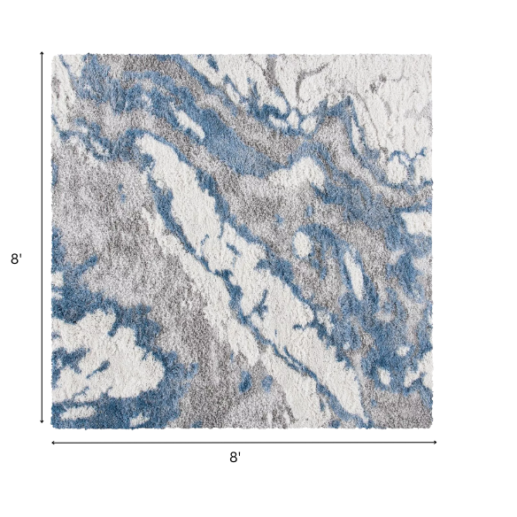 Plush Abstract Blue, Grey, and White Pattern Shag Rug