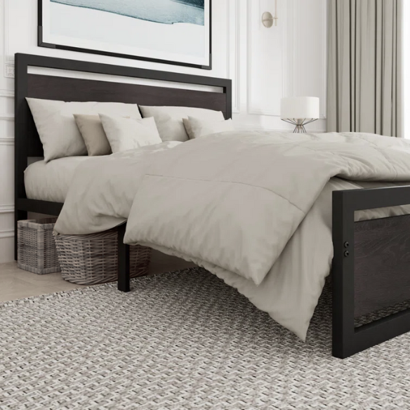 Queen Size Wood and Black Metal Frame Bed with Headboard – Modern Design with Rustic Distressed Wood Accents