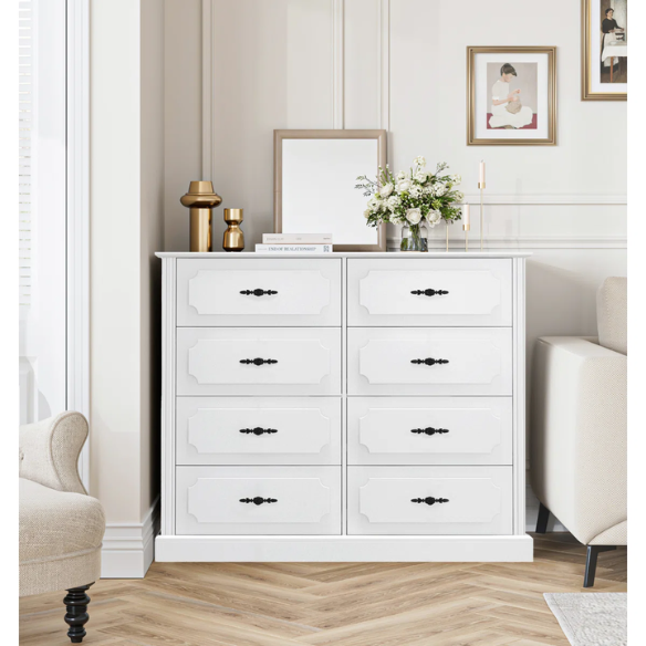 Classic Modern 8-Drawer Double Dresser with Picture Frame Paneling, Decorative Black Metal Handles, and French Country Style