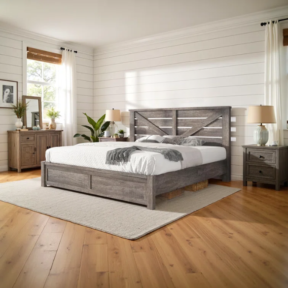 Farmhouse Classic Bed Frame with 49.2" Barn Door-Inspired Headboard, Ample Under-Bed Storage, Sturdy Metal Frame, and Silent Cotton Padding for Peaceful Sleep