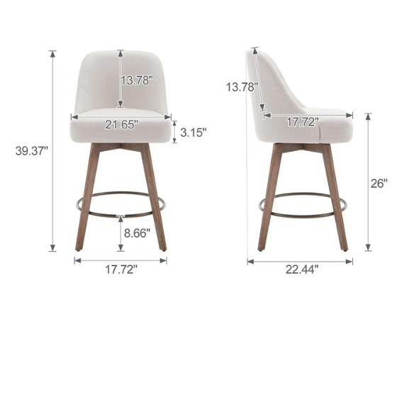 Modern Counter Height Swivel Bar Stool – Upholstered Faux Leather/Polyester Blend Seat, Solid Beech Wood Frame, Ergonomic High Back, Bronze Metal Footrest, 300lb Capacity for Kitchen, Bar, or Pub