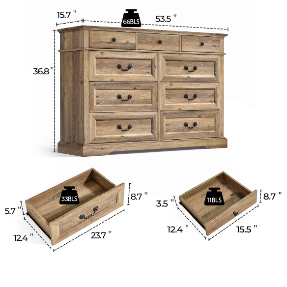 Rustic Modern 9-Drawer 53.5'' Double Dresser with Inset Paneling, Crown Molding, and Customizable Metal Handles