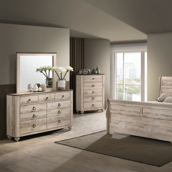 Charming 6-Piece White Wash Finish Bedroom Set with Sleigh Bed, Dresser, Mirror, Nightstands, and Chest – Antique Bronze Accents and Rustic Elegance