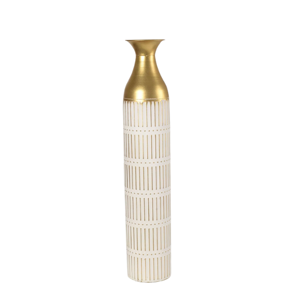 Elegant White and Gold Floor Vase Set (3-Piece) – Large Metal Vases with Embossed Stripe Pattern and Antique White Finish, Timeless Décor for Any Space