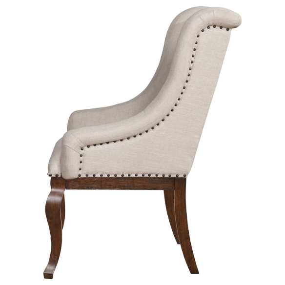 Beige Button Tufted Upholstered Arm Chairs with Dark Brown Wooden Legs (Set of 2) – Elegant Accent Dining or Lounge Seating