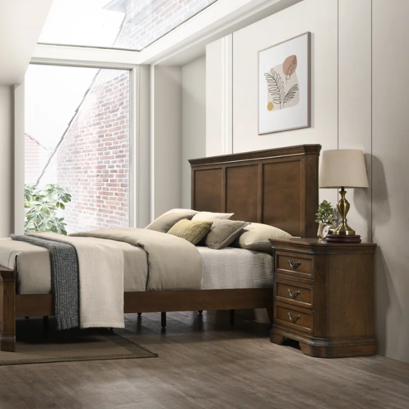 Classic Traditional Wood Queen Panel Bed with Dresser, Mirror, and Two Nightstands in Antique Walnut Finish