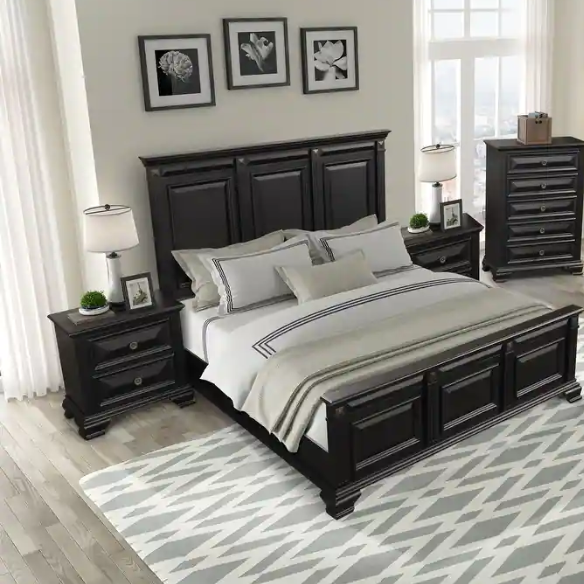 Timeless Vintage Black Wood 6-Piece Traditional Bedroom Set with Double-Panel Bed, Silvertone Accents, and Fluted Pilasters