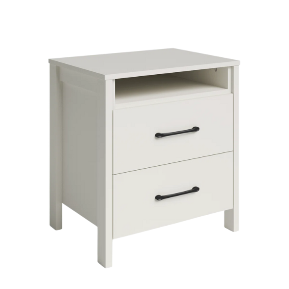 22.7" 2-Drawer Nightstand – Space-Saving Modern Minimalism, Engineered Wood with Clean-Lined Silhouette, Neutral Finish, Open Cubby & 2 Spacious Drawers for Bedroom Storage, Ideal for Tech & Accessories