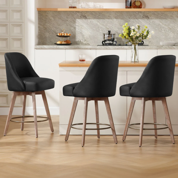 Modern Counter Height Swivel Bar Stool – Upholstered Faux Leather/Polyester Blend Seat, Solid Beech Wood Frame, Ergonomic High Back, Bronze Metal Footrest, 300lb Capacity for Kitchen, Bar, or Pub