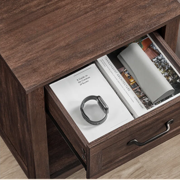 Farmhouse-Style Nightstand with Built-In Charging Station – Engineered Wood, Spacious Top, Drawer & Open Compartment, Matte Black Metal Handle, USB-A & USB-C Ports, AC Outlets, Ideal for Bedroom or Living Room